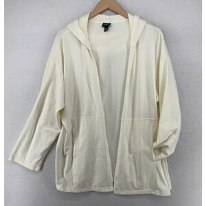 EILEEN FISHER Kimono L Stretch Cotton Jersey Hoodie Open Front Off White USA